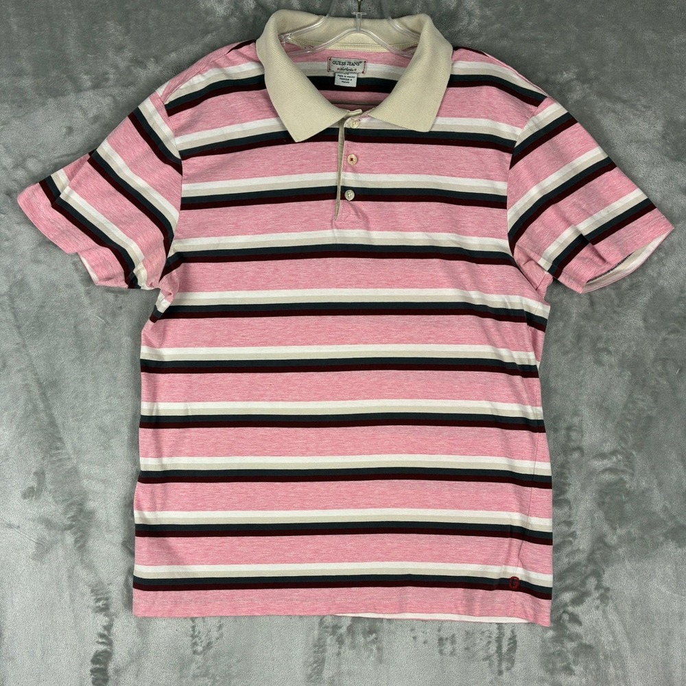 Guess Jeans‎ Mens Pink Striped Short Sleeve Polo Shirt Cotton M53J5315 Size L
